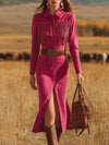 Retro Western Style Fringed Pink Faux Suede Midi Dress