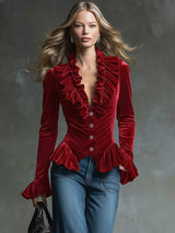 Fashion Retro Cocoa Brown Velvet V-Neck Ruffled Long-Sleeved Shirt