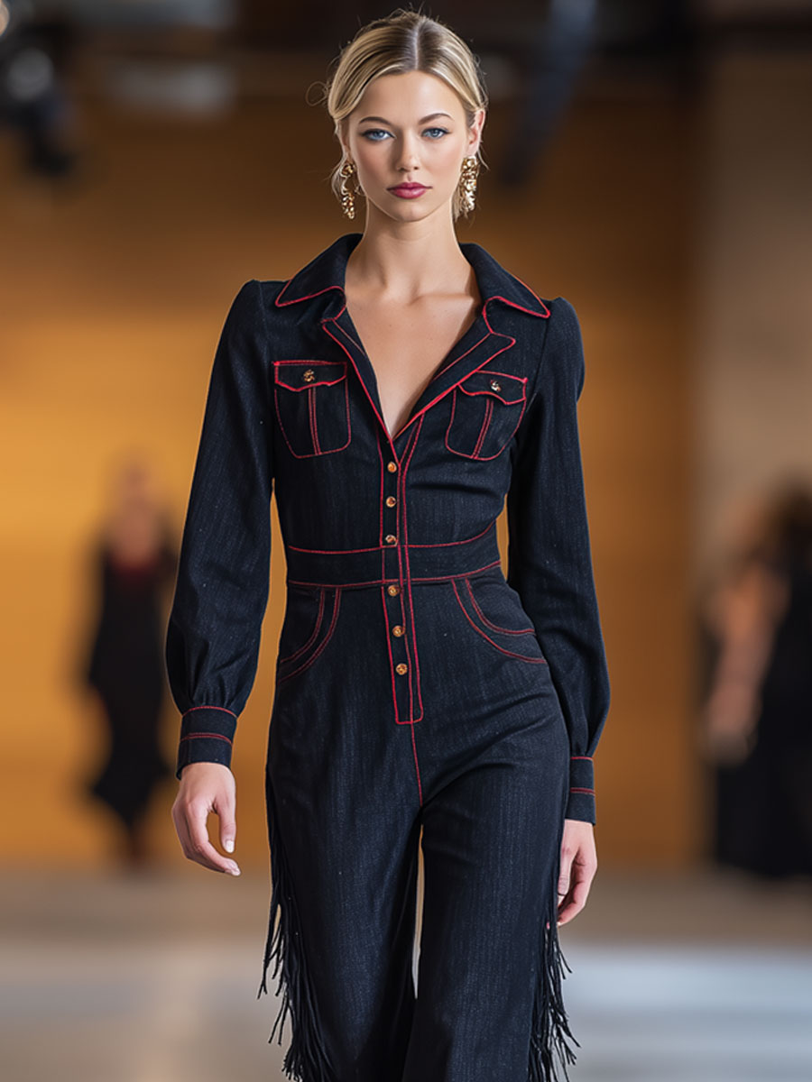 Retro Red Topstitched Navy Denim Long Sleeve Flared Tassel Jumpsuit