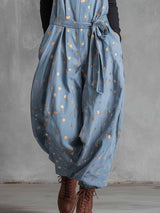 Vintage Fashion Waist TieGold Polka Dots Light Blue Denim Jumpsuit Overalls