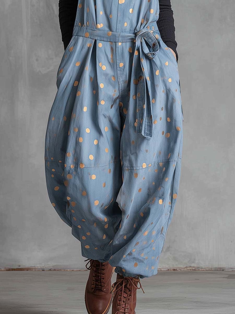 Vintage Fashion Waist TieGold Polka Dots Light Blue Denim Jumpsuit Overalls