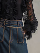 Fashionable Retro Black Lace Mesh Ruffled Long-sleeved Shirt