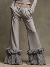 Fashionable Sporty Grey Half-zip Top With Plaid Ruffled Flared Pants Set
