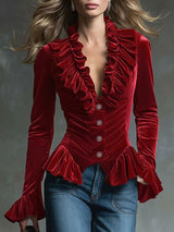 Fashion Retro Cocoa Brown Velvet V-Neck Ruffled Long-Sleeved Shirt