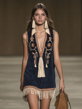 【24-hour shipping out】Casual Loose Vintage Suede Bohemian Embroidered Tassel Sleeveless Mini Dress