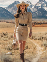 Retro Western Style Light Khaki Long-sleeved Faux Suede Mini Dress
