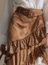 Elegant Western-style Leopard Print And White Lace Layered Ruffled Light Brown Suede Skirt