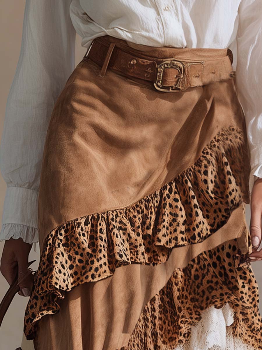 Elegant Western-style Leopard Print And White Lace Layered Ruffled Light Brown Suede Skirt