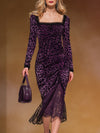 Stylish And Elegant Lace Purple Leopard Print Square-neck Midi Dress
