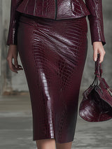 Elegant Angora Red Faux Crocodile Leather Zip-up Jacket And Skirt Set