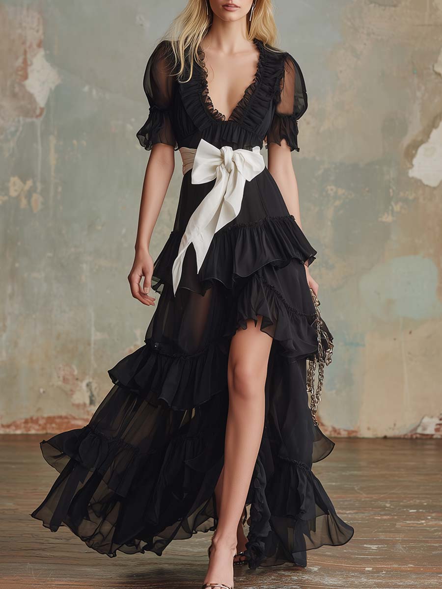 Black Chiffon V-Neck Ruffle Maxi Dress with Slit