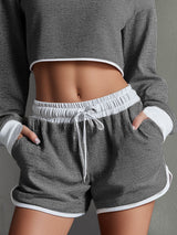 Casual High-neck Ribbed Long-sleeved Top And Shorts Set