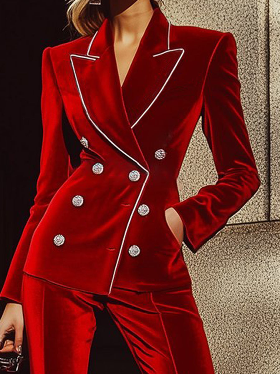 【24-hour shipping】High-End Fashion Red Velvet Suit With Silver Trim