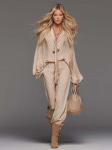 Elegant Flowing Versatile Tie-front V-neck Flared Sleeves Beige Chiffon Blouse And Pants Set