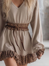 Stylish Leopard Print Trim Beige Thin Knit Hooded Sporty Mini Dress