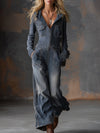 Retro Front Zipper Gray-blue Denim Hooded Jumpsuit