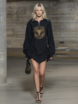 Stylish Black With Bull Head Print And Ruffled HemMini Dress