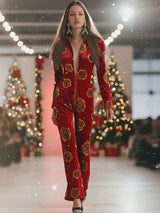 Casual Loose Retro Red Velvet Gold Rose Printed Zipper Long Sleeve Jumpsuit