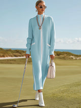 Sporty And Stylish White-trimmed Blue Knit Maxi Dress