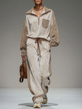 Lapel Collar Zip-up Color-blocked Leopard Print And Velvet Patchwork Set