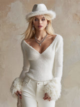 Stylish And Versatile Wool Cuffs White V-neck Slim-fit Sweater