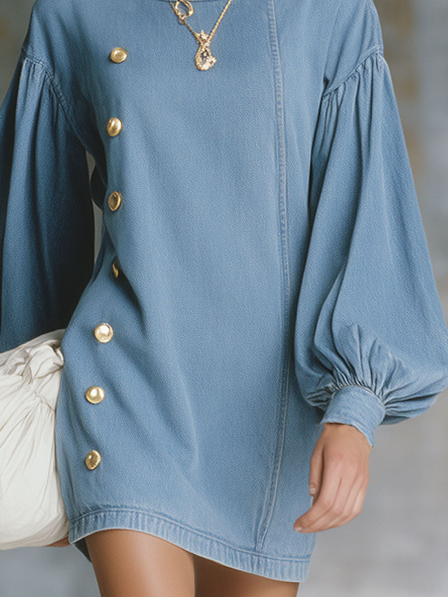 Round Neck Puff Sleeve Metal Button Denim Mini Dress