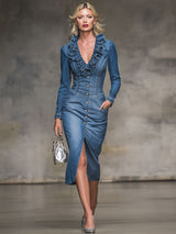 Retro V-neck Ruffled Denim Long-sleeved Midi Dress