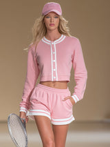 Casual Round-neck Button-up Short Jacket And Shorts Set