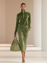 Sports Retro Leopard Print Stand Collar Velvet Top + Skirt Set