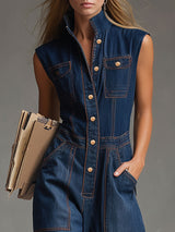 Casual Retro Multi-pocket Topstitching Dark Blue Denim Sleeveless Balloon Jumpsuit