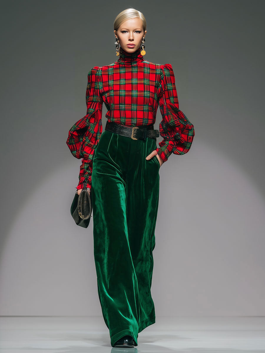 Trendy Retro Plaid Velvet Turtleneck Long-sleeved T-shirt And Wide-leg Pants Set