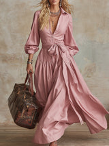 Elegant Urban Pink Collared Cotton-linen Maxi Dress