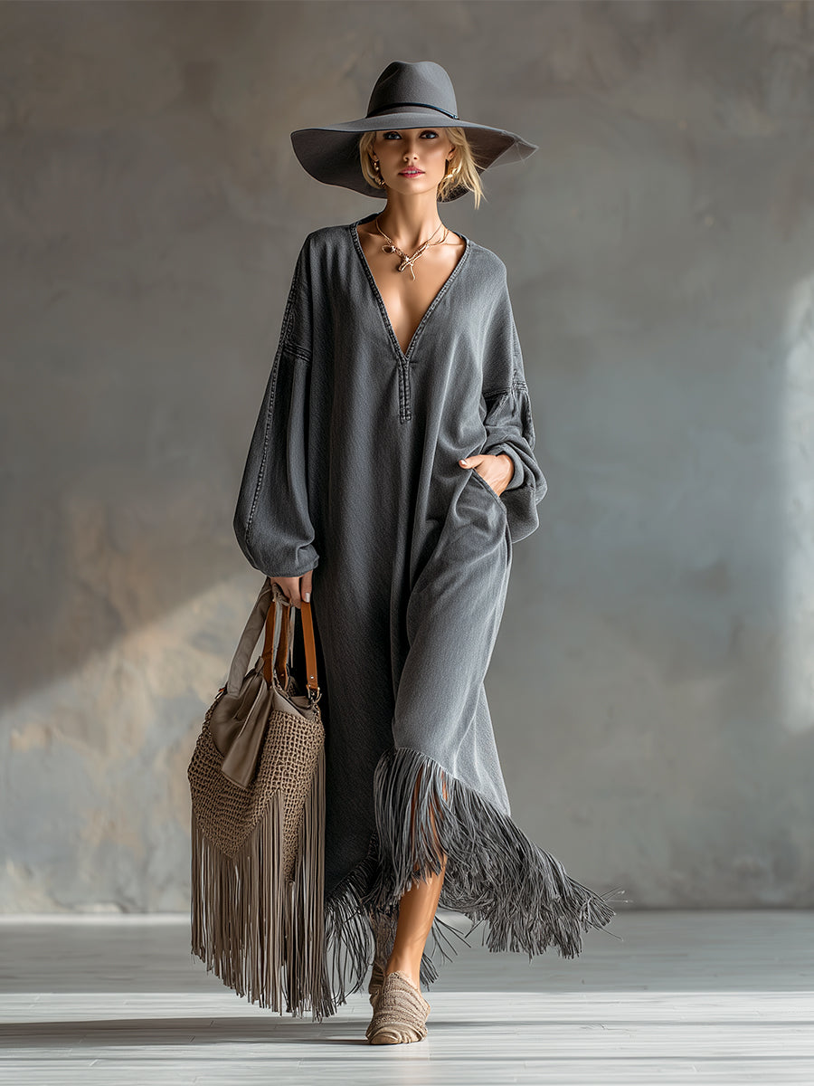 Elegant Silhouette Grey Denim Tassel Long Sleeve Maxi Dress