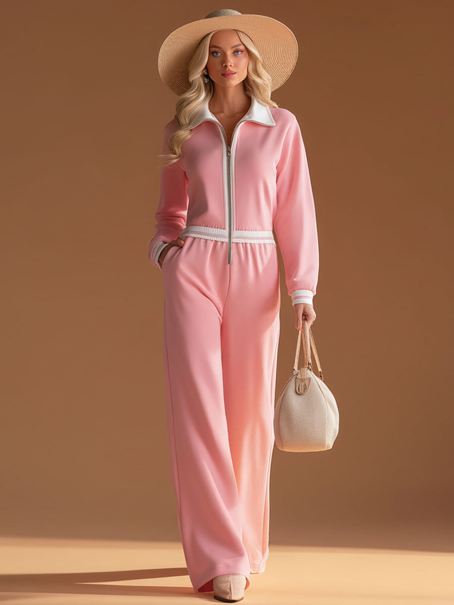 Fashionable Sporty Pink Collared Cotton Jumpsuit