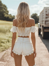 【24-hour shipping out】Western Retro White Denim Lace Trim Shorts