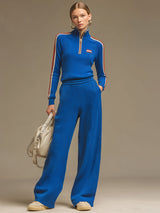 Casual Sporty Striped Royal Blue Knit Ribbed Half-zip Top And Wide-leg Pants Set