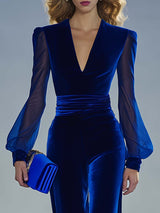 Vintage Elegant And Exquisite V-neck Mesh Long-sleeved Royal Blue Velvet Jumpsuit