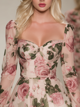 Vintage And Elegant Heart-shaped Neckline A-line Printed Chiffon Midi Dress