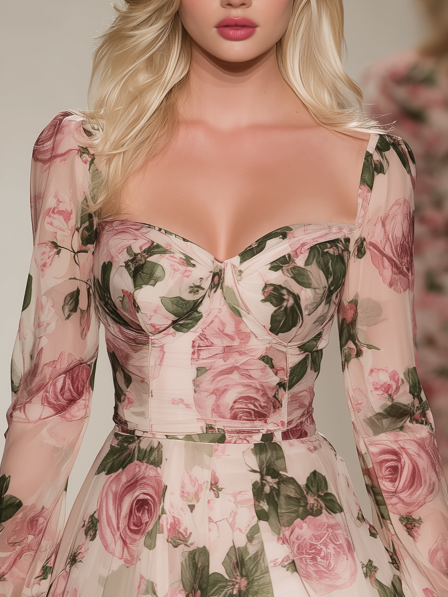 Vintage And Elegant Heart-shaped Neckline A-line Printed Chiffon Midi Dress