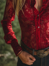 Vintage Western-style Lapel Long-sleeved Lace Shirt