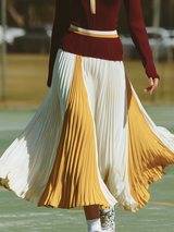 Trendy Sporty Burgundy Knit Top With Yellow And White Color-blocked Pleated Skirt Set