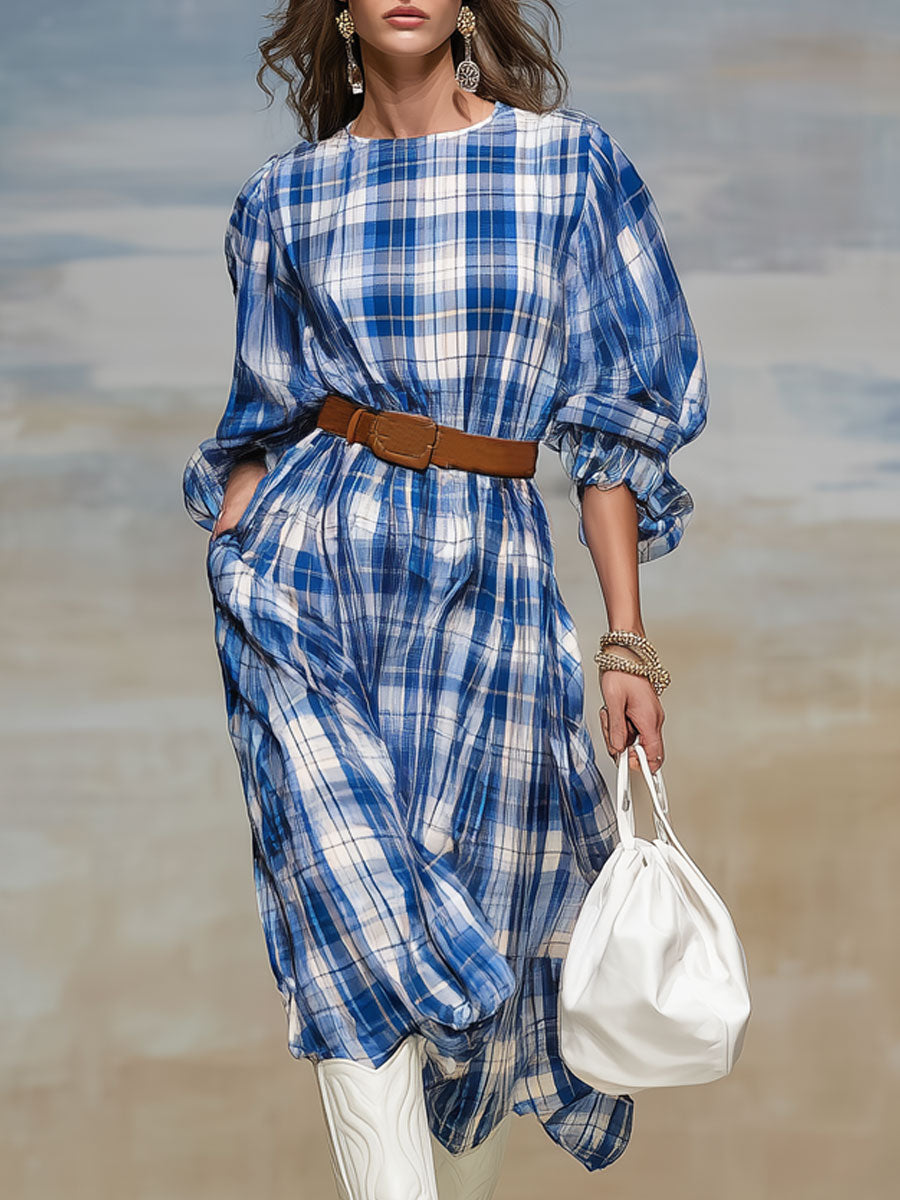 Casual Retro Blue And White Checkered Chiffon Long-sleeved Midi Dress