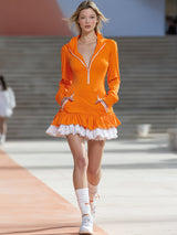 Active Sporty White Lace Ruffled Orange Hooded Mini Dress