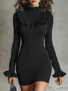 Stylish Black KnittedWith Ruffled Bell Sleeves Mini Dress