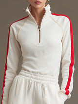 Sporty Retro Red Trim White Cotton Half-Zip Long-Sleeve Sweatshirt And Shorts Set