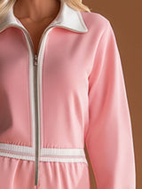 Fashionable Sporty Pink Collared Cotton Jumpsuit