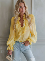 V-neck Chiffon Single-breasted Long-sleeved Shirt