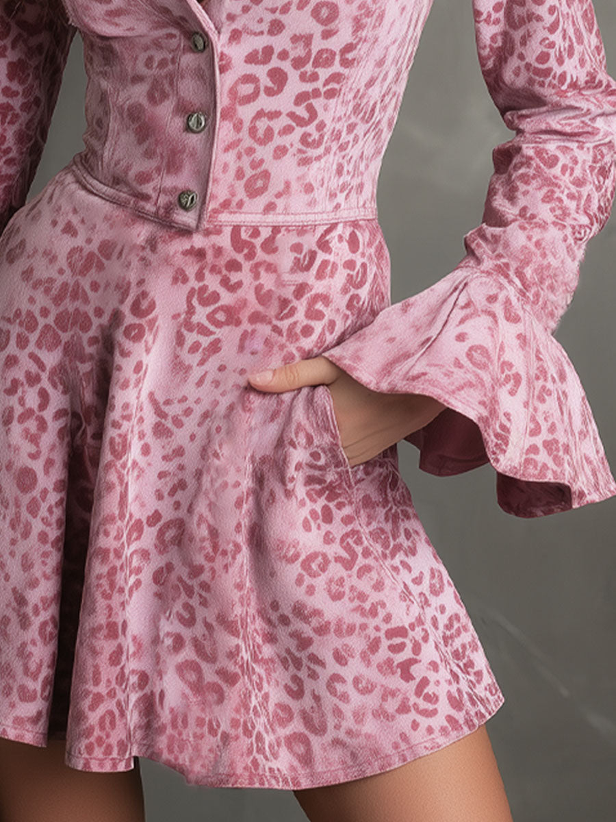 Lapel Collar Pocket Detail Leopard Print Faux Suede Flared Long-sleeved Mini Dress