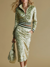 Elegant And Sporty Zebra Print Velvet Top And Skirt Set