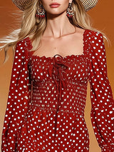 Stylish And Retro White Polka Dot Red Cotton Maxi Dress